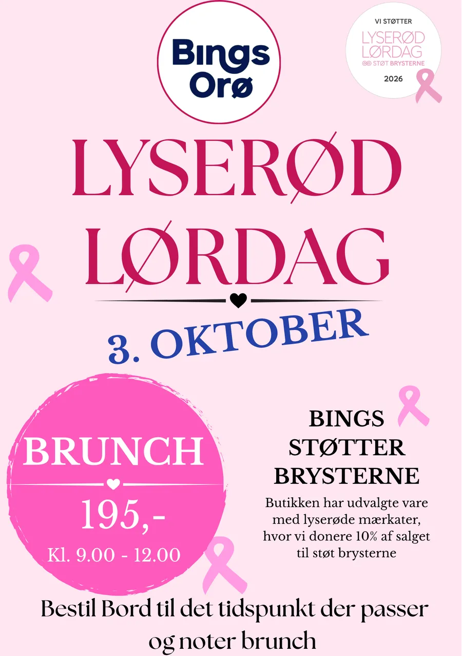 Plakat for Lyserød Lørdag brunch hos Bings Orø den 3. oktober