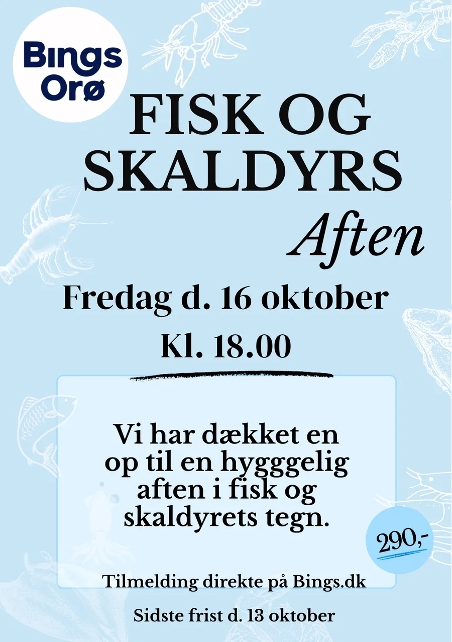 Plakat for fisk og skaldyrs aften hos Bings Orø den 16. oktober