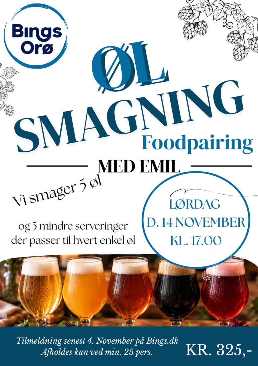 Plakat for ølsmagning foodpairing med Emil hos Bings Orø den 14. november